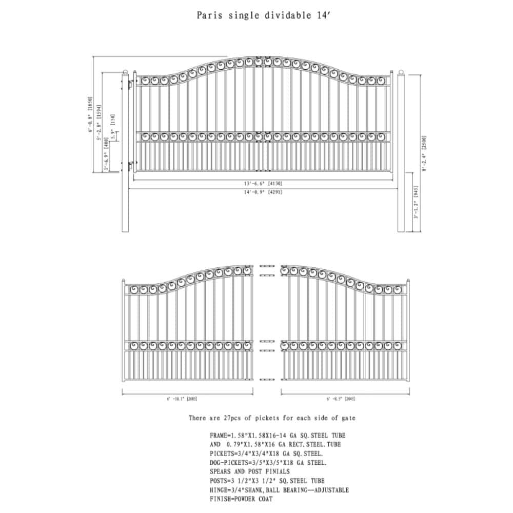 ALEKO Paris Style 14 ft. x 6 ft. Black Steel Metal Single Swing Driveway Fence Gate