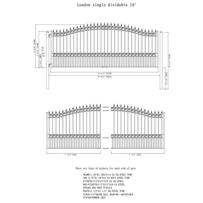 ALEKO 21 ft. x 6 ft. x 16 ft. Black Steel Single Sliding Driveway Gate London Style with Pedestrian Gate 5 ft. Fence Gate