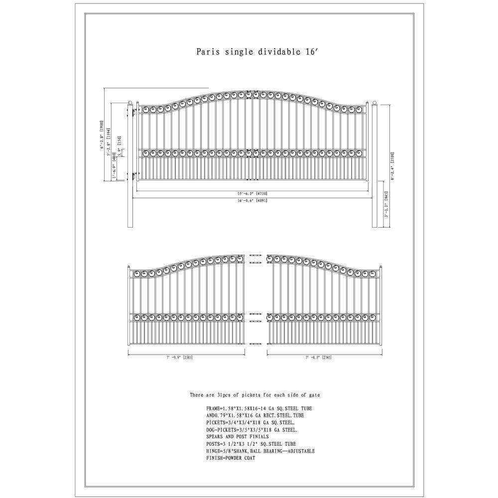 ALEKO 21 ft. x 6 ft. x 16 ft. Black Steel Single Sliding Driveway Gate Paris Style with Pedestrian Gate 5 ft. Fence Gate
