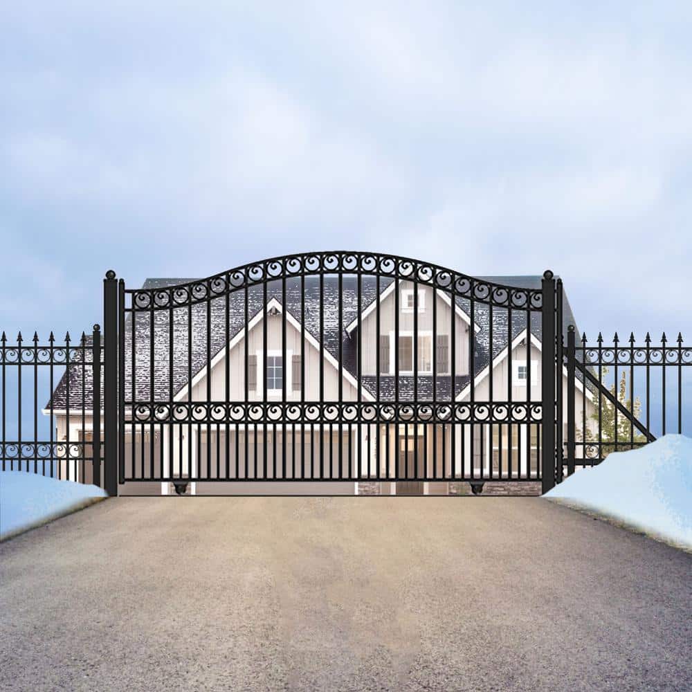 ALEKO 21 ft. x 6 ft. x 16 ft. Black Steel Single Sliding Driveway Gate Paris Style with Pedestrian Gate 5 ft. Fence Gate