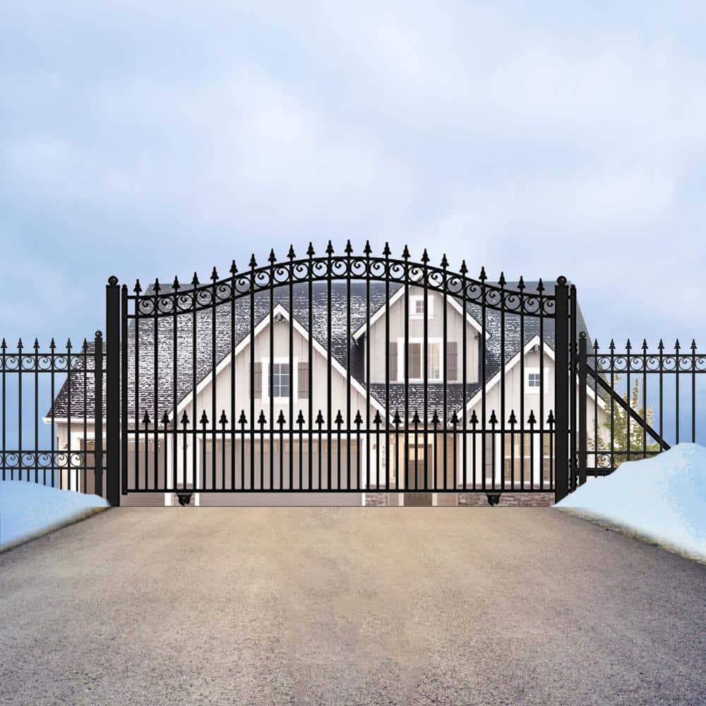 ALEKO 21 ft. x 6 ft. x 16 ft. Black Steel Single Sliding Driveway Gate Prague Style with Pedestrian Gate 5 ft. Fence Gate