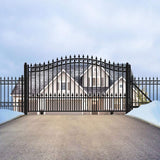 ALEKO 21 ft. x 6 ft. x 16 ft. Black Steel Single Sliding Driveway Gate Prague Style with Pedestrian Gate 5 ft. Fence Gate