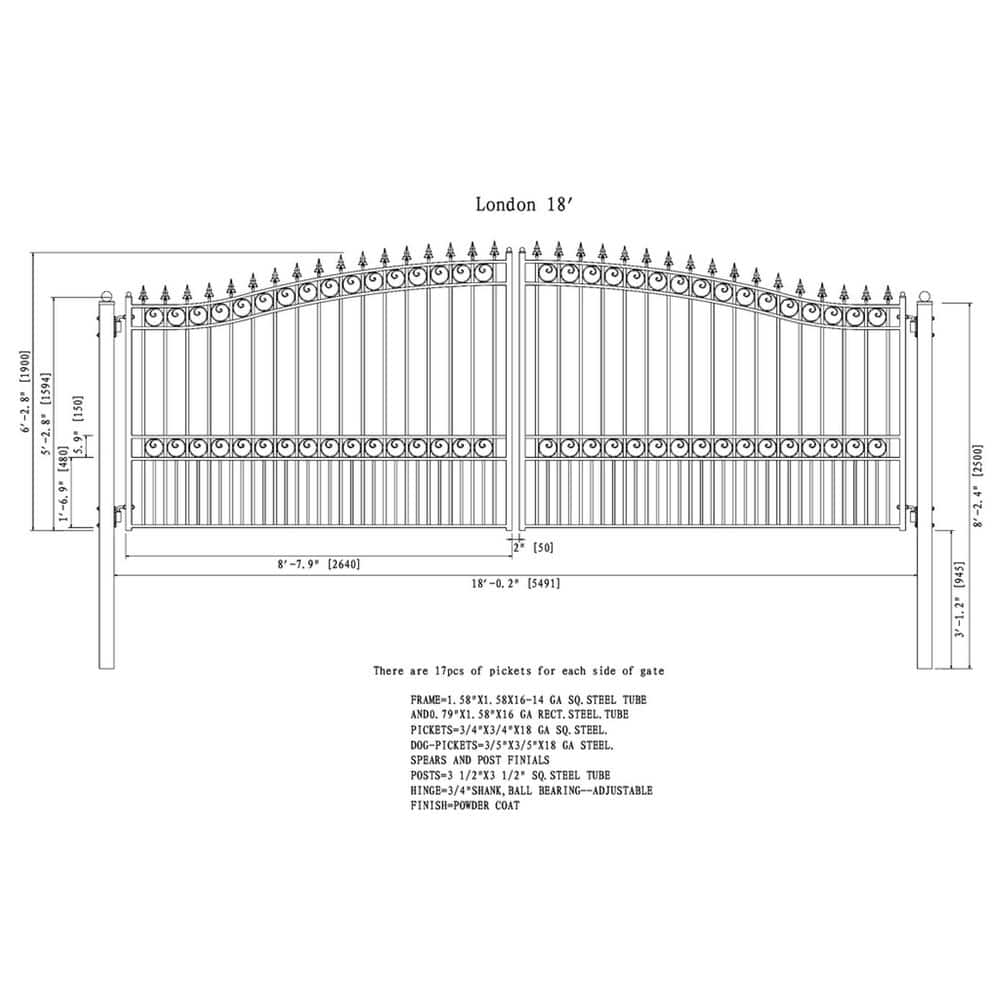 ALEKO London Style 18 ft. x 6 ft. Black Steel Dual Driveway Fence Gate