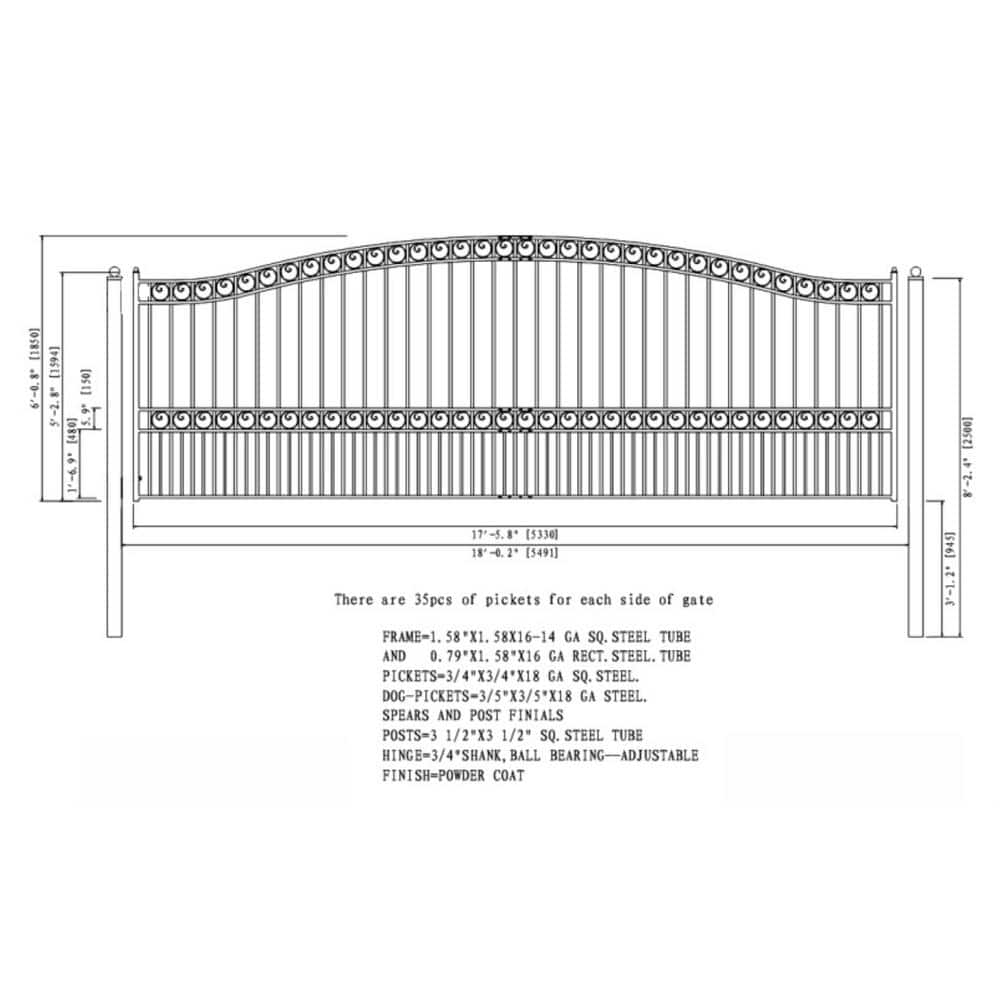 ALEKO 23 ft. x 6 ft. x 18 ft. Black Steel Single Sliding Driveway Gate Paris Style with Pedestrian Gate 5 ft. Fence Gate