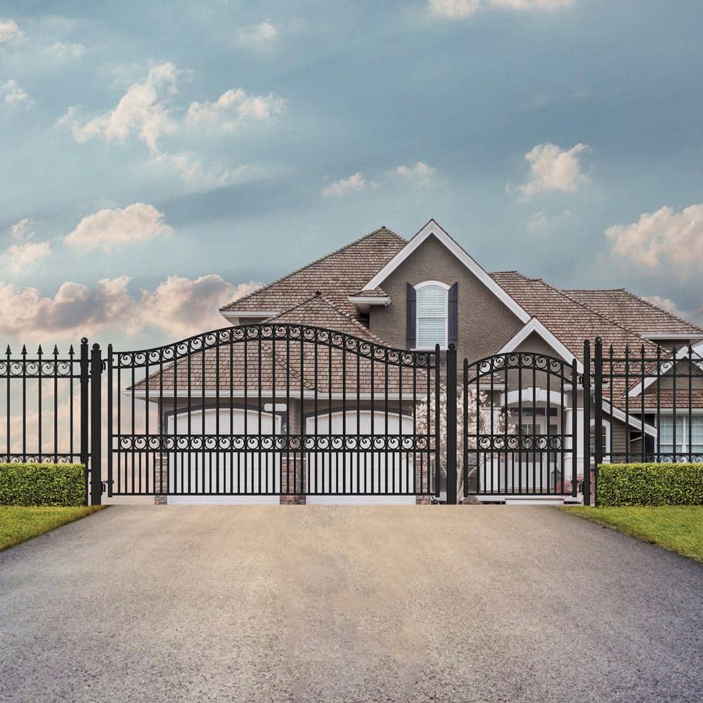 ALEKO 23 ft. x 6 ft. x 18 ft. Black Steel Single Sliding Driveway Gate Paris Style with Pedestrian Gate 5 ft. Fence Gate