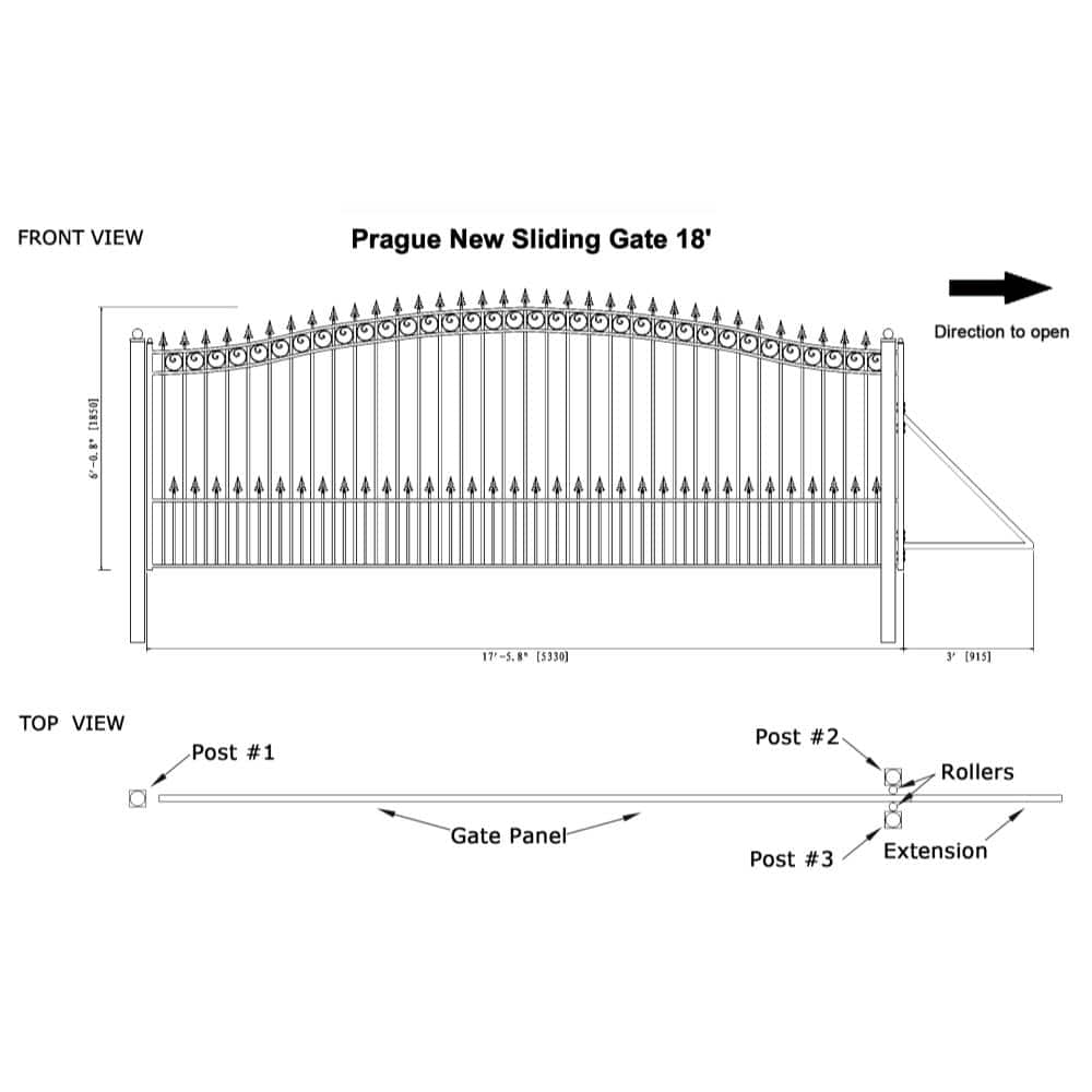 ALEKO 23 ft. x 6 ft. x 18 ft. Black Steel Single Sliding Driveway Gate Prague Style with Pedestrian Gate 5 ft. Fence Gate