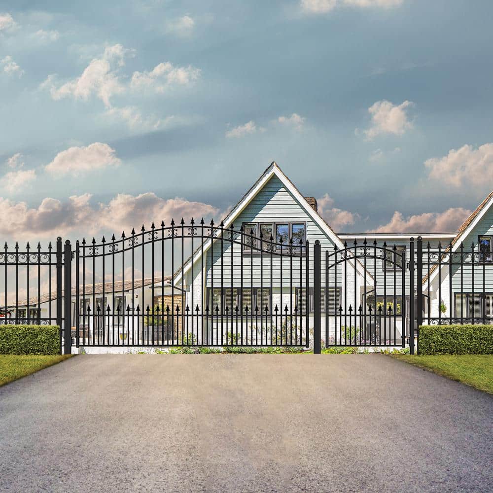 ALEKO 23 ft. x 6 ft. x 18 ft. Black Steel Single Sliding Driveway Gate St. Louis Style with Pedestrian Gate 5 ft. Fence Gate