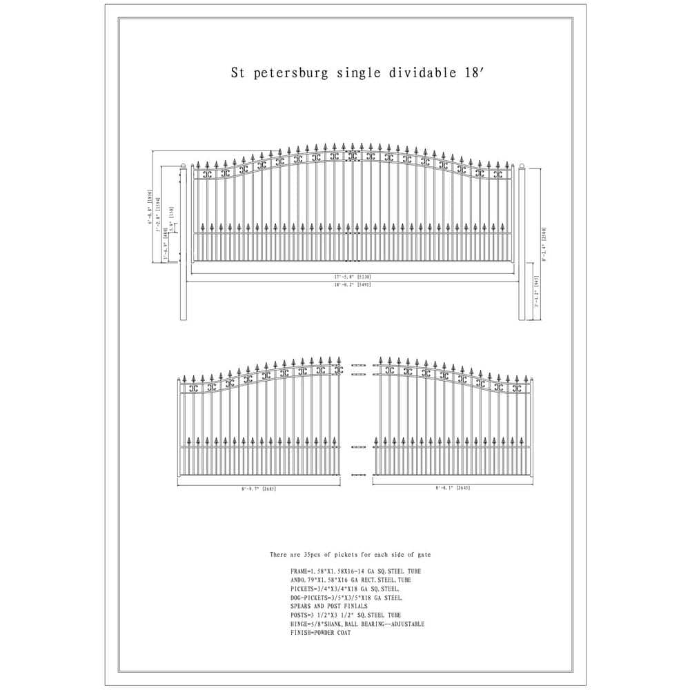 ALEKO 23 ft. x 6 ft. x 18 ft. Black Steel Single Sliding Driveway Gate St. Louis Style with Pedestrian Gate 5 ft. Fence Gate