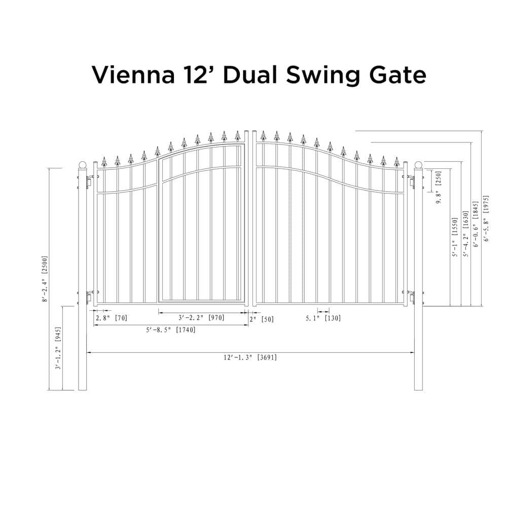 ALEKO Vienna Style 12 ft. x 6 ft. with Pedestrian Gate Black Steel Swing Dual Driveway Fence Gate