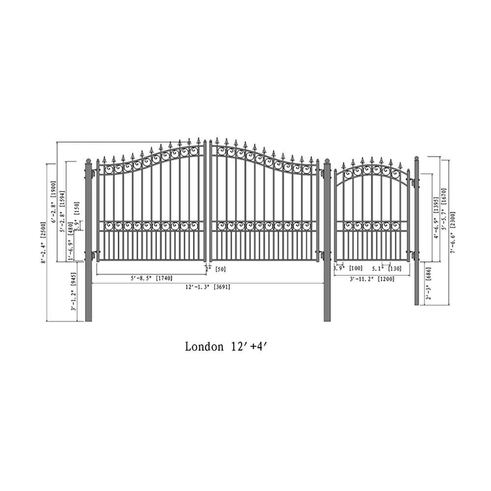 ALEKO 17 ft. x 6 ft. Black Steel Dual Swing Driveway Gate London Style 12 ft. with Pedestrian Gate 5 ft. Fence Gate