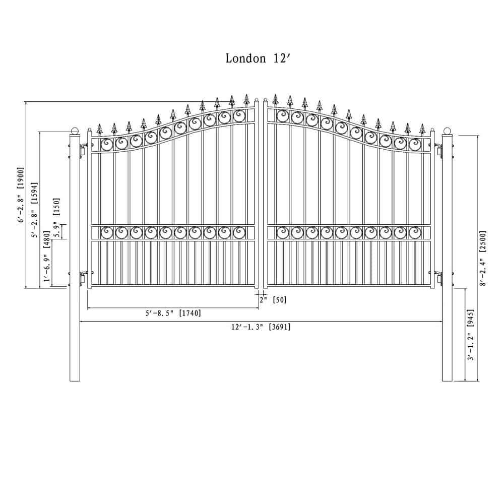 ALEKO 17 ft. x 6 ft. Black Steel Dual Swing Driveway Gate London Style 12 ft. with Pedestrian Gate 5 ft. Fence Gate