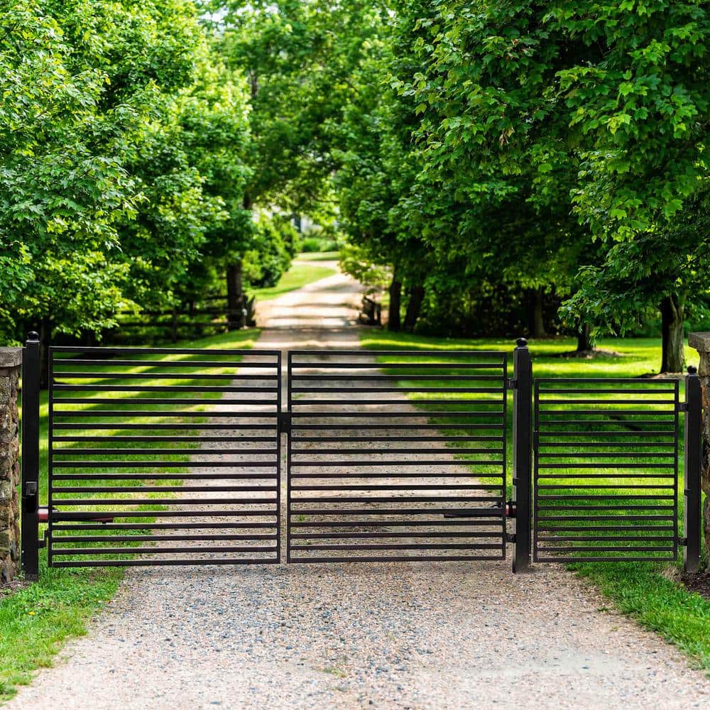 ALEKO 17 ft. x 6 ft. Black Steel Dual Swing Driveway Gate Milan Style 12 ft. with Pedestrian Gate 5 ft. Fence Gate