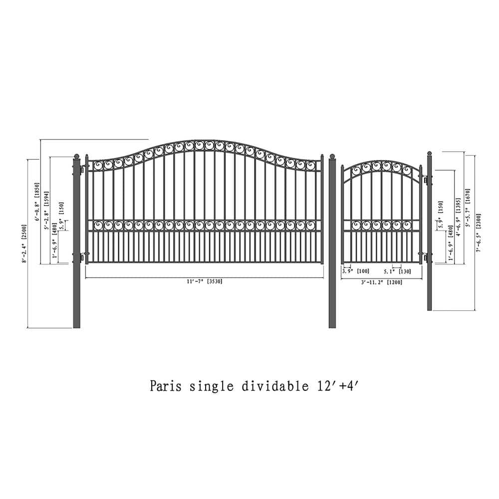 ALEKO 17 ft. x 6 ft. Black Steel Single Swing Driveway Gate Paris Style 12 ft. with Pedestrian Gate 5 ft. Fence Gate