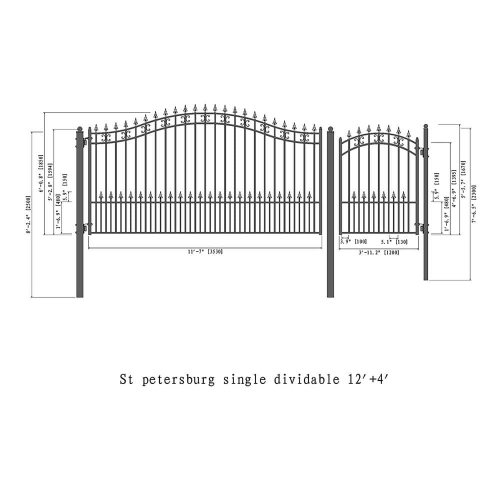 ALEKO 17 ft. x 6 ft. Black Steel Single Swing Driveway Gate ST. Louis Style 12 ft. with Pedestrian Gate 5 ft. Fence Gate