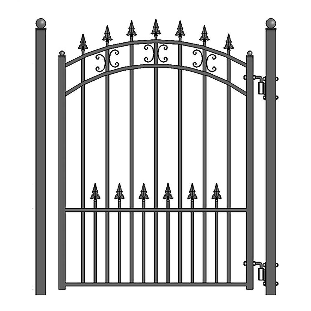 ALEKO 17 ft. x 6 ft. Black Steel Single Swing Driveway Gate ST. Louis Style 12 ft. with Pedestrian Gate 5 ft. Fence Gate