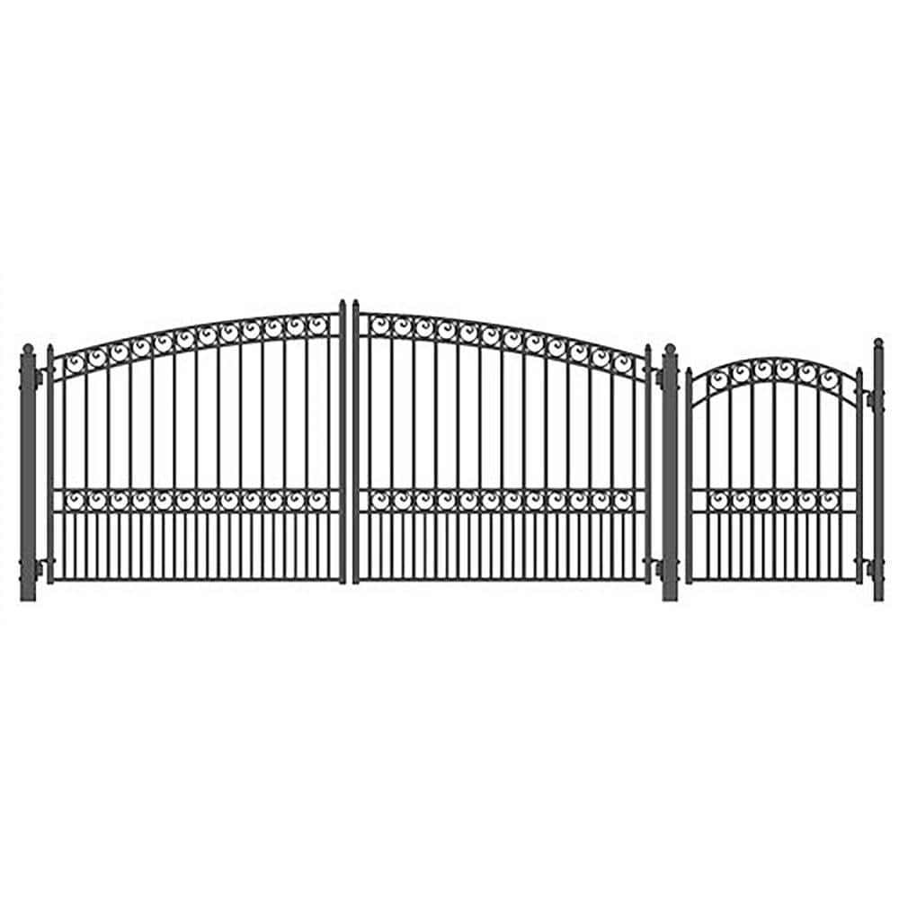 ALEKO 19 ft. x 6 ft. Black Steel Dual Swing Driveway Gate Paris Style 14 ft. with Pedestrian Gate 5 ft. Fence Gate