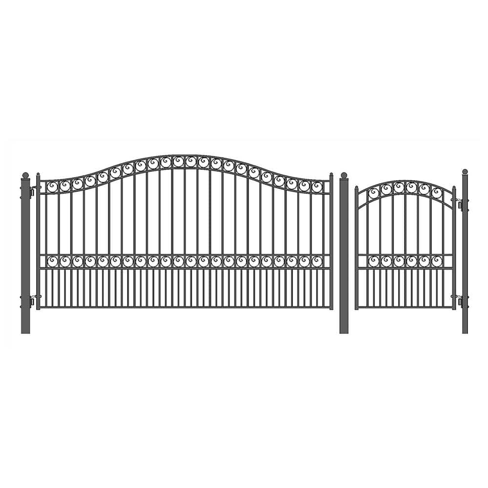 ALEKO 19 ft. x 14 ft. x 6 ft. x 5 ft. Black Steel Single Swing Driveway Gate Paris Style with Pedestrian Gate Fence Gate