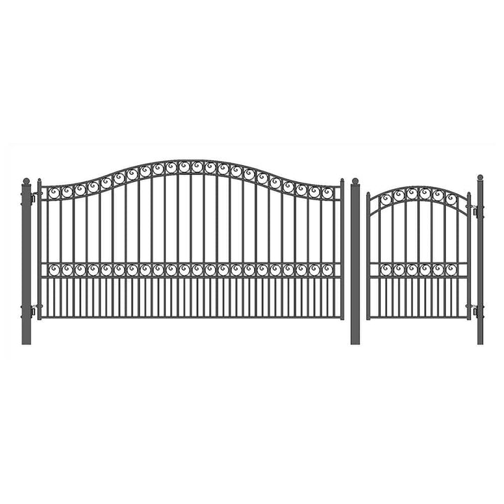 ALEKO 19 ft. x 14 ft. x 6 ft. x 5 ft. Black Steel Single Swing Driveway Gate Paris Style with Pedestrian Gate Fence Gate