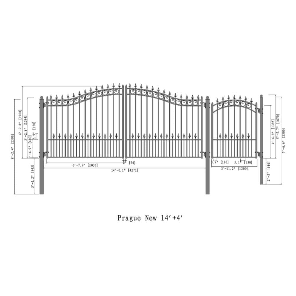 ALEKO Prague Style 16 ft. x 6 ft. with Pedestrian Gate Black Steel Swing Dual Driveway Fence Gate