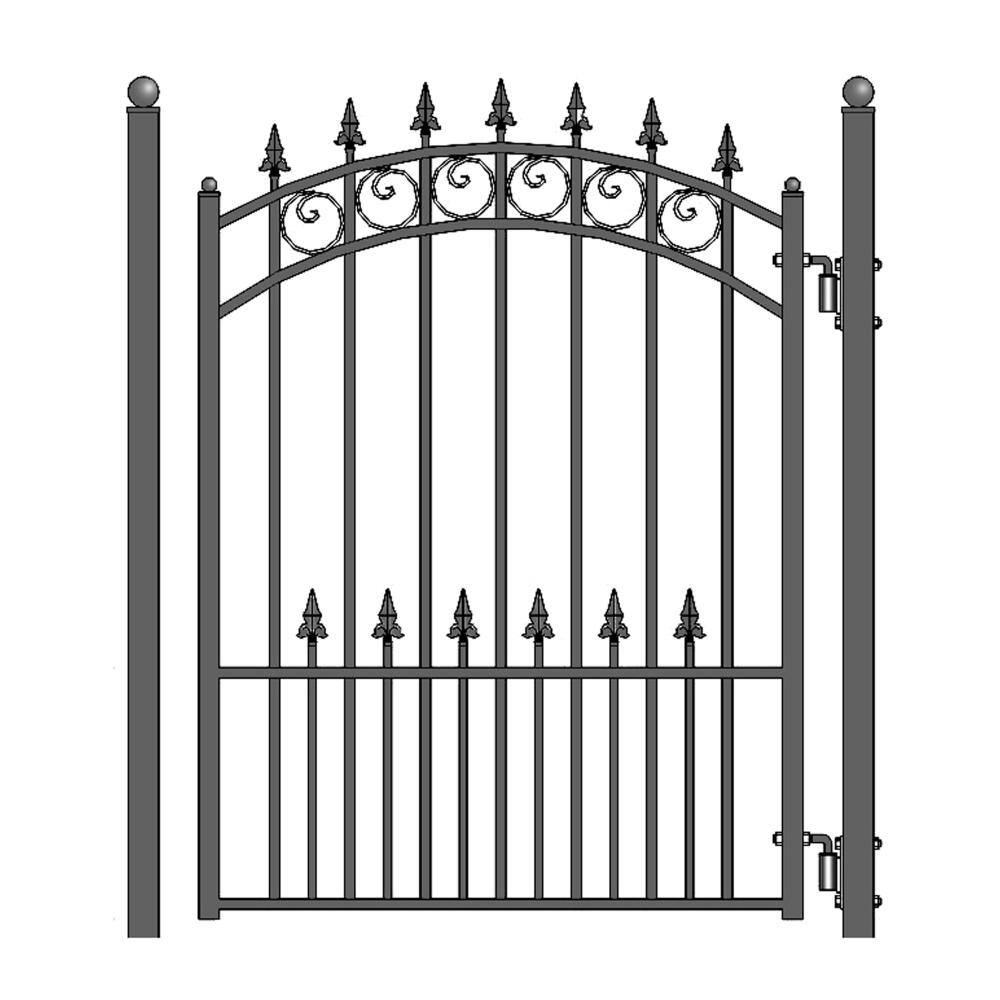 ALEKO 21 ft. x 6 ft. Black Steel Single Swing Driveway Gate Prague Style 16 ft. with Pedestrian Gate 5 ft. Fence Gate