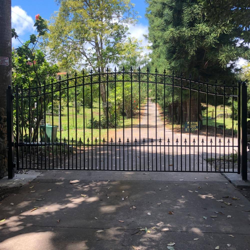 ALEKO 21 ft. x 6 ft. Black Steel Single Swing Driveway Gate Prague Style 16 ft. with Pedestrian Gate 5 ft. Fence Gate