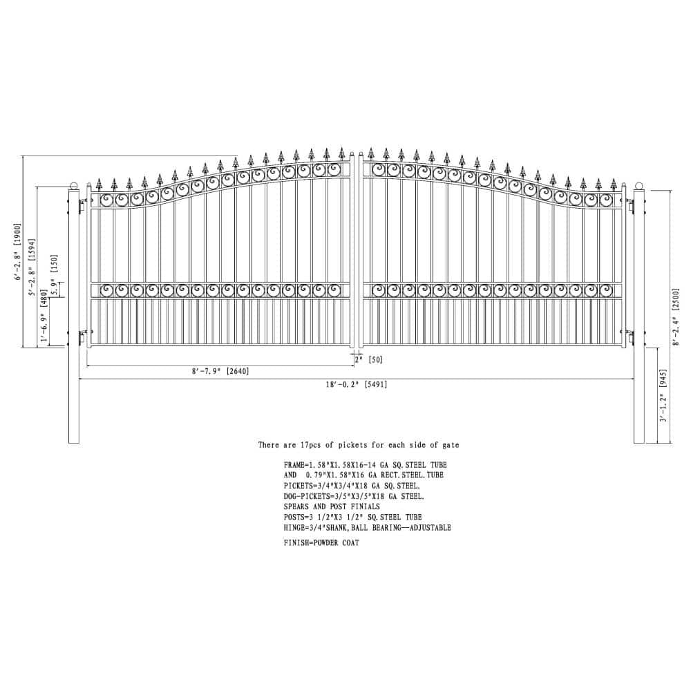 ALEKO London Style 18 ft. x 6 ft. with Pedestrian Gate Black Steel Swing Dual Driveway Fence Gate