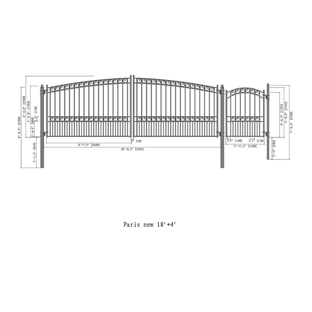ALEKO 23 ft. x 6 ft. Black Steel Dual Swing Driveway Gate PARIS Style 18 ft. with Pedestrian Gate 5 ft. Fence Gate