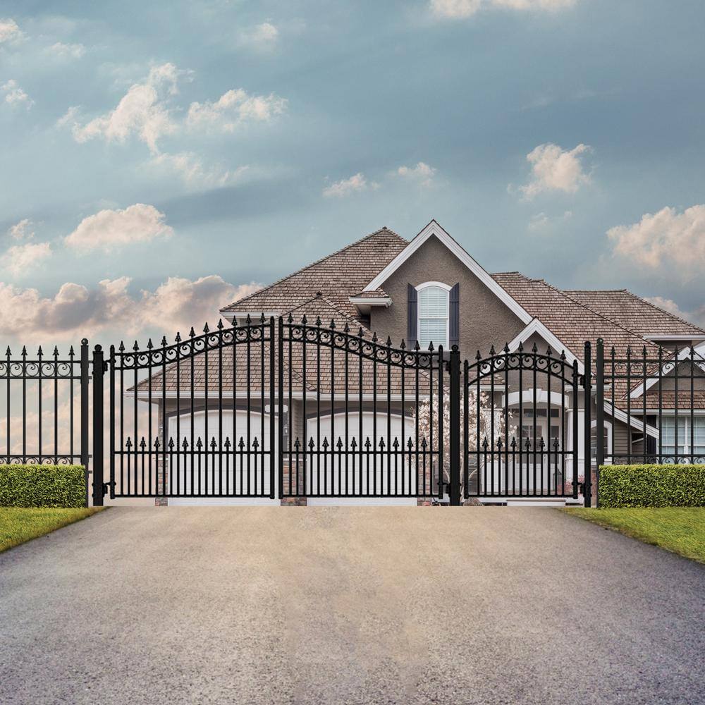 ALEKO Prague Style 18 ft. x 6 ft. with Pedestrian Gate Black Steel Swing Dual Driveway Fence Gate