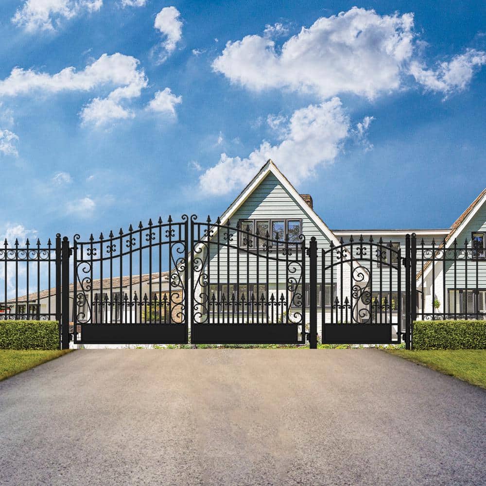 ALEKO 23 ft. x 6 ft. Black Steel Dual Swing Driveway Gate VENICE Style 18 ft. with Pedestrian Gate 5 ft. Fence Gate