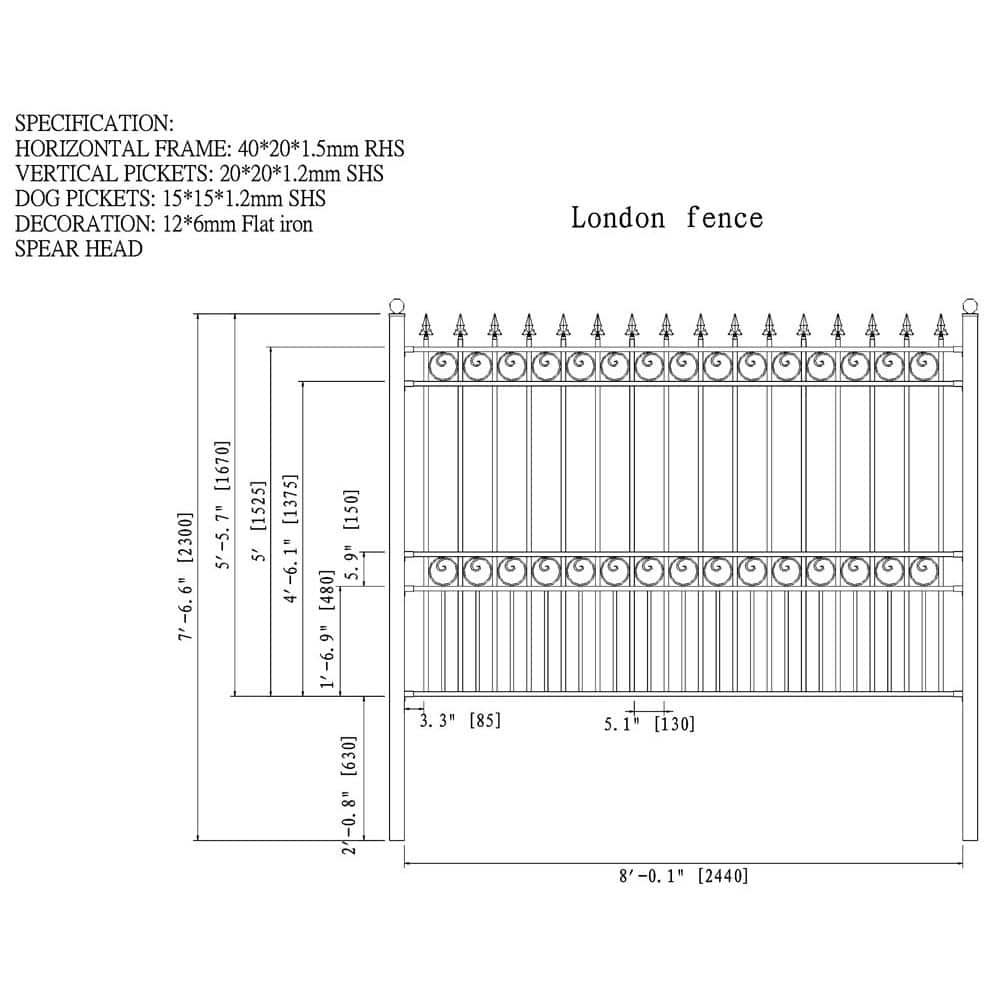 ALEKO London Style 5 ft. x 8 ft. Black Iron Fence Panel