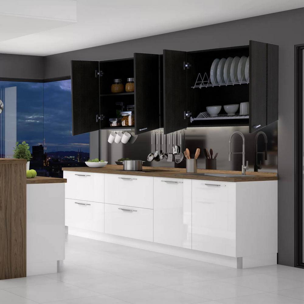 Amucolo 59.05 in. W x 12.4 in. D x 23.62 in. H Black Wood Ready to Assemble Wall Kitchen Cabinet with Shelves and Four Doors