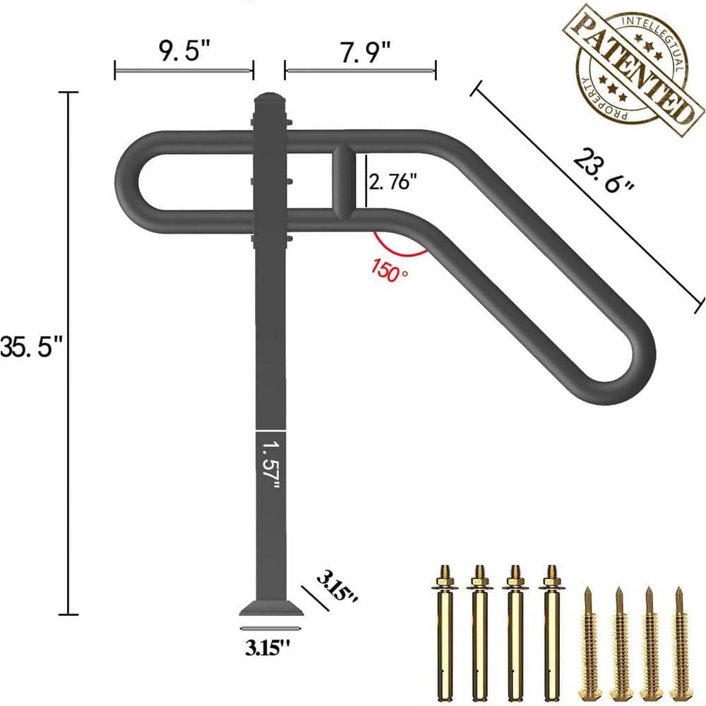 Angel Sar 31.5 in. 9.5 in. L x 35.5 in. H SinglePost WroughtIronHandrails OutdoorStairRailing for 3Steps Garage EntrancePorchBlack