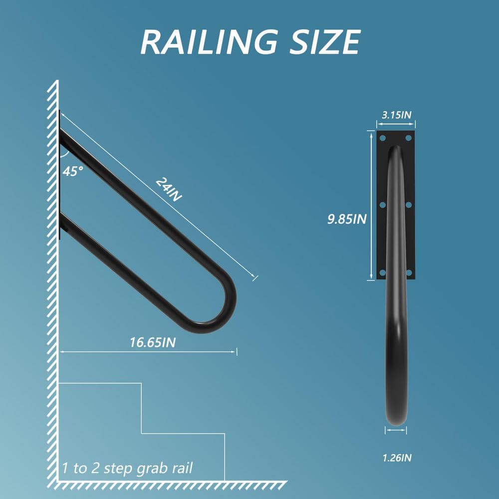 Angel Sar 24 in. Metal Handrails for Outdoor Steps Wall Mount, U-Shaped Handrail with Matte Black Finished for 1-2 Steps