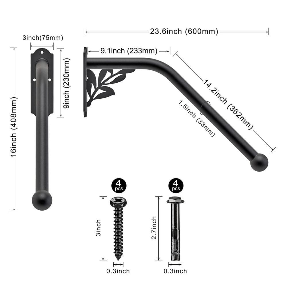 Angel Sar 2 ft. Metal Tree Shaped Fully Welded Handrail Iron Handrail for Outdoor Steps Garage Railing Safety Grab Bar