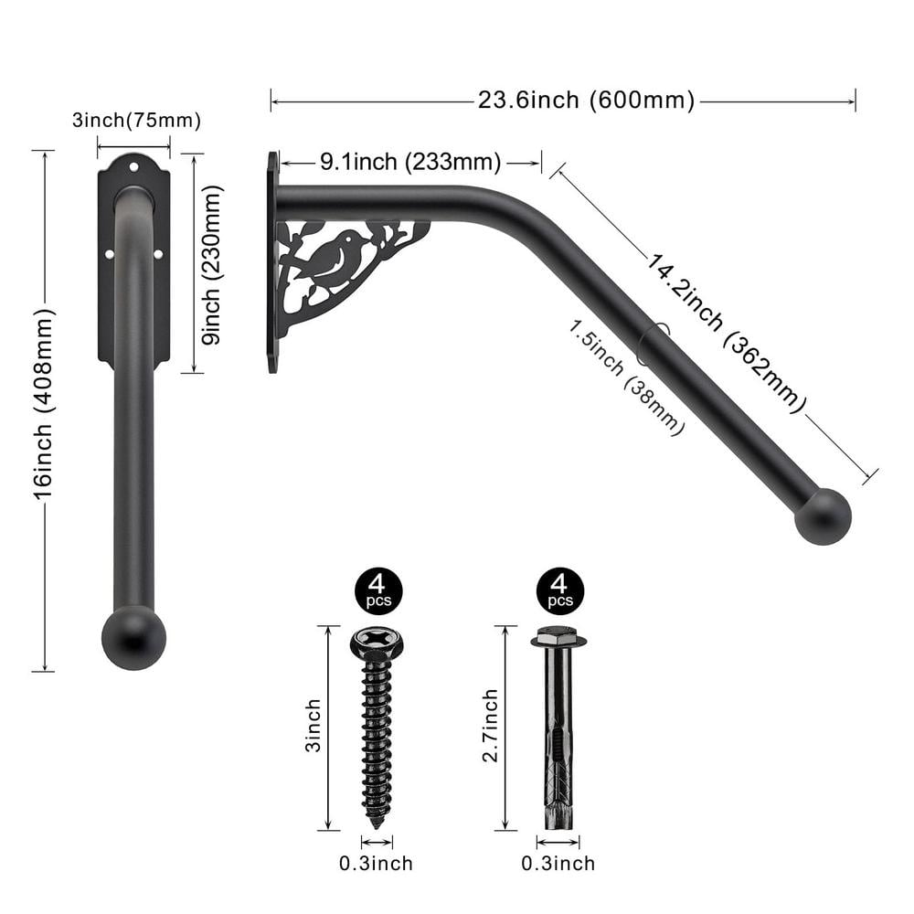 Angel Sar 2 ft. Metal Bird Shaped Fully Welded Handrail Iron Handrail for Outdoor Steps Garage Railing Safety Grab Bar