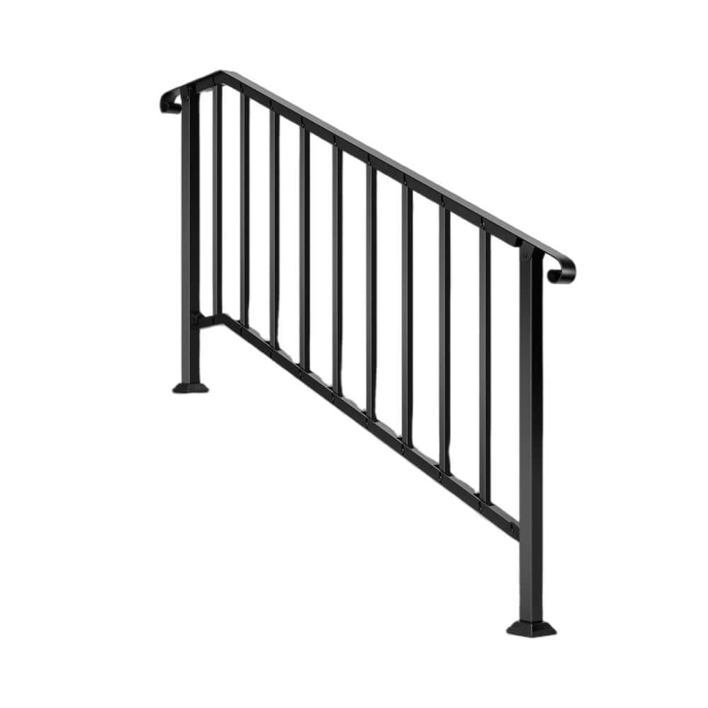 Angel Sar 69 in. x 36 in. Black Metal Outdoor 1 to 5 Step Handrail, Stair Railing with Curved End and Balusters