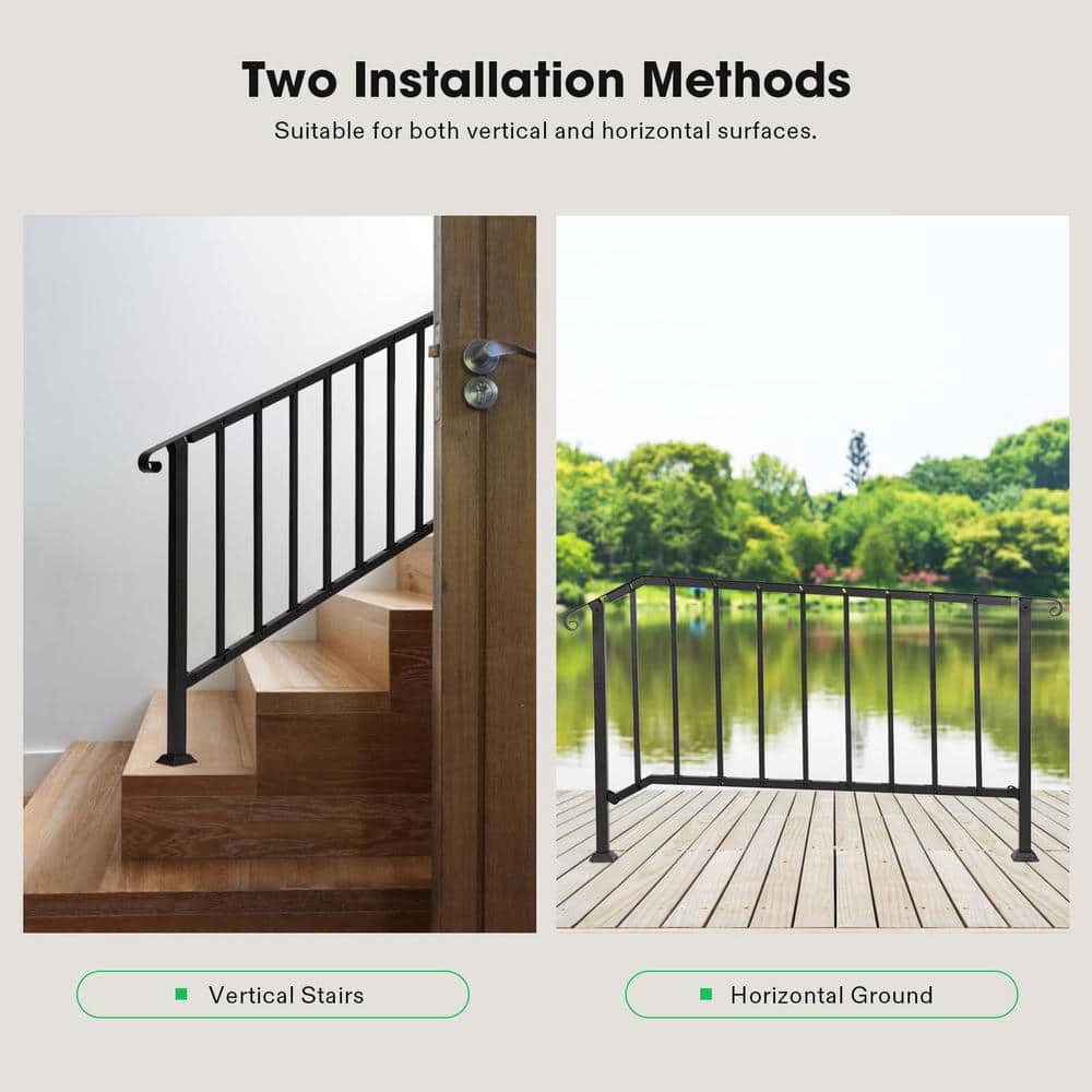 Angel Sar 69 in. x 36 in. Black Metal Outdoor 1 to 5 Step Handrail, Stair Railing with Curved End and Balusters
