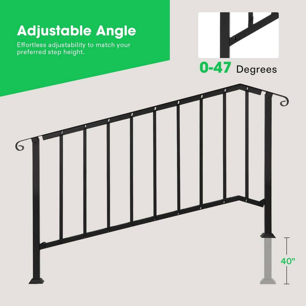 Angel Sar 69 in. x 36 in. Black Metal Outdoor 1 to 5 Step Handrail, Stair Railing with Curved End and Balusters