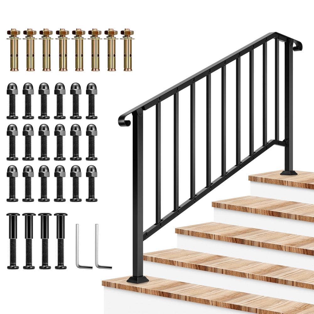 Angel Sar 69 in. x 36 in. Black Metal Outdoor 1 to 5 Step Handrail, Stair Railing with Curved End and Balusters