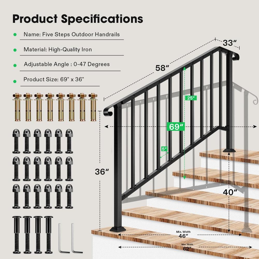 Angel Sar 69 in. x 36 in. Black Metal Outdoor 1 to 5 Step Handrail, Stair Railing with Curved End and Balusters