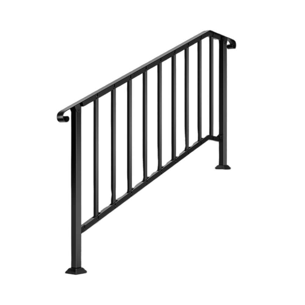 Angel Sar 69 in. x 36 in. Black Metal Outdoor 1 to 5 Step Handrail, Stair Railing with Curved End and Balusters