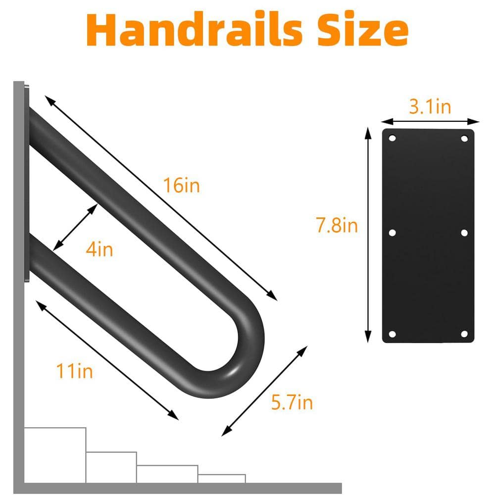 Angel Sar 1.33 ft. Black Metal Heavy-Duty Hand Rails, Non-Slip, 1-2 Step Wall-Mounted Grab Bars for Outdoor Steps