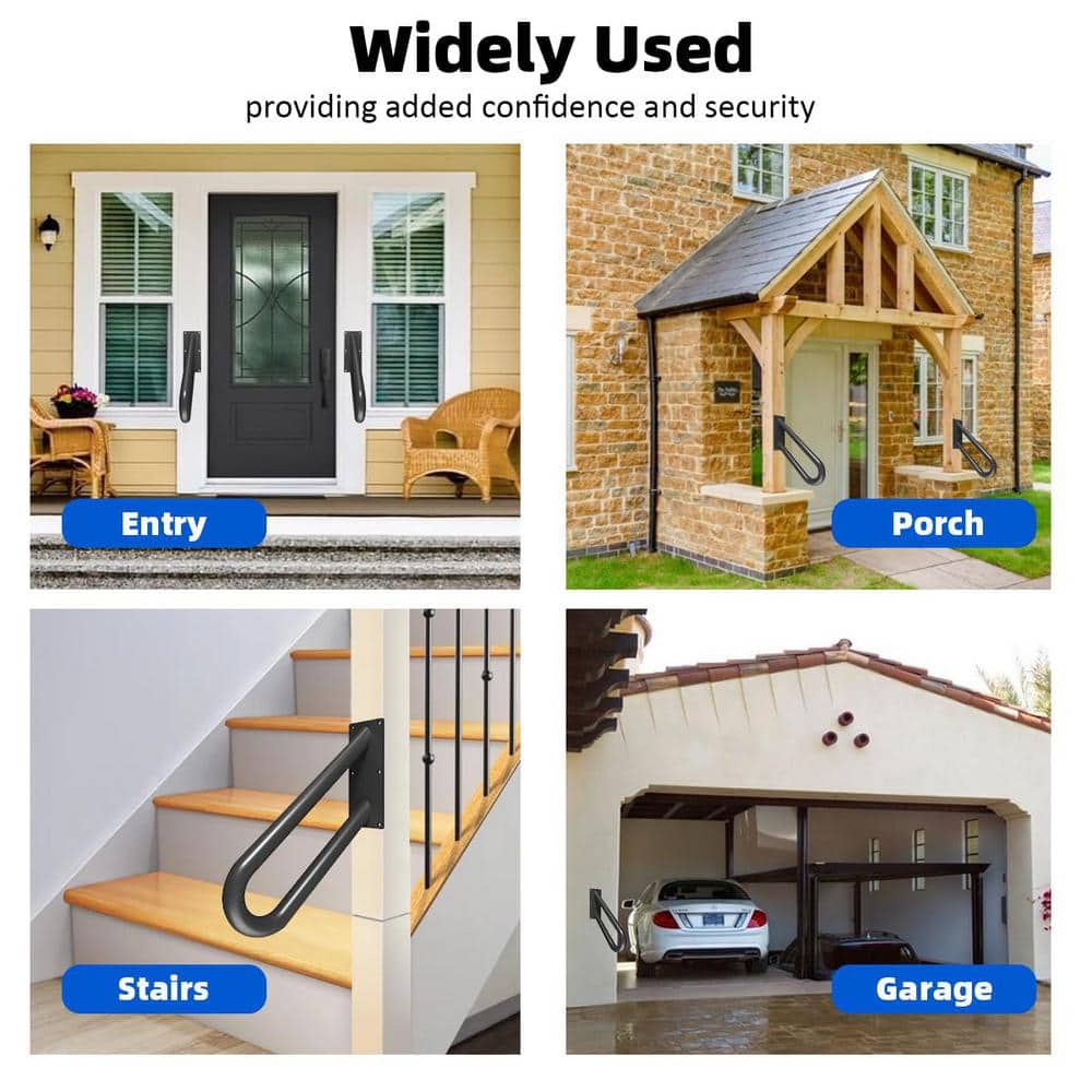 Angel Sar 1.67 ft. Black Metal Heavy-Duty Hand Rails, Non-Slip, 1-2 Step Wall-Mounted Grab Bars for Outdoor Steps