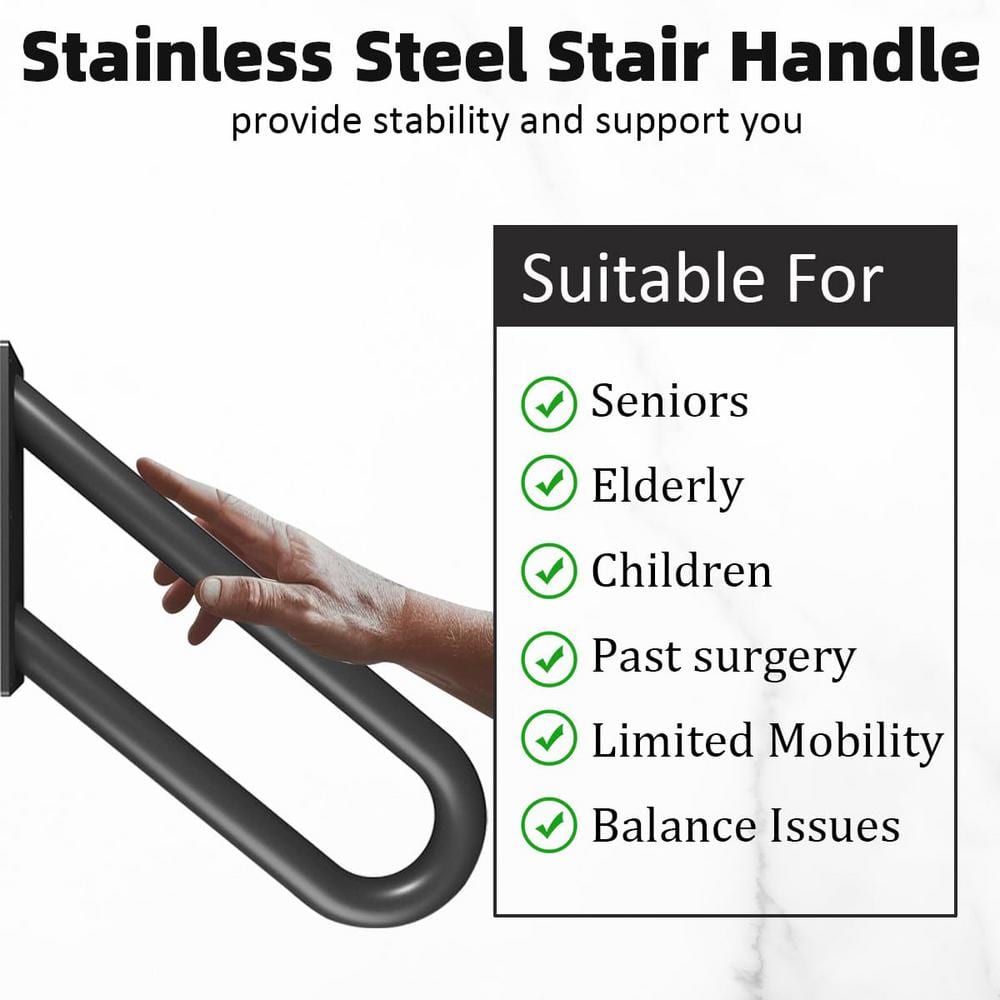 Angel Sar 1.67 ft. Black Metal Heavy-Duty Hand Rails, Non-Slip, 1-2 Step Wall-Mounted Grab Bars for Outdoor Steps
