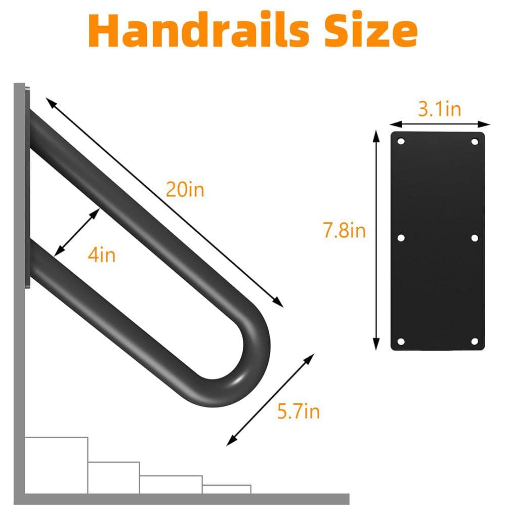 Angel Sar 1.67 ft. Black Metal Heavy-Duty Hand Rails, Non-Slip, 1-2 Step Wall-Mounted Grab Bars for Outdoor Steps