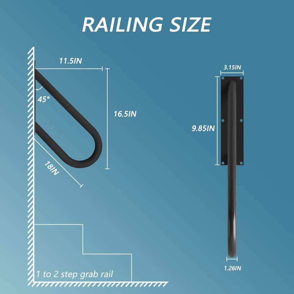 Angel Sar 18 in. Metal Handrails for Outdoor Steps Wall Mount, U-Shaped Handrail with Matte Black Finished for 1-2 Steps