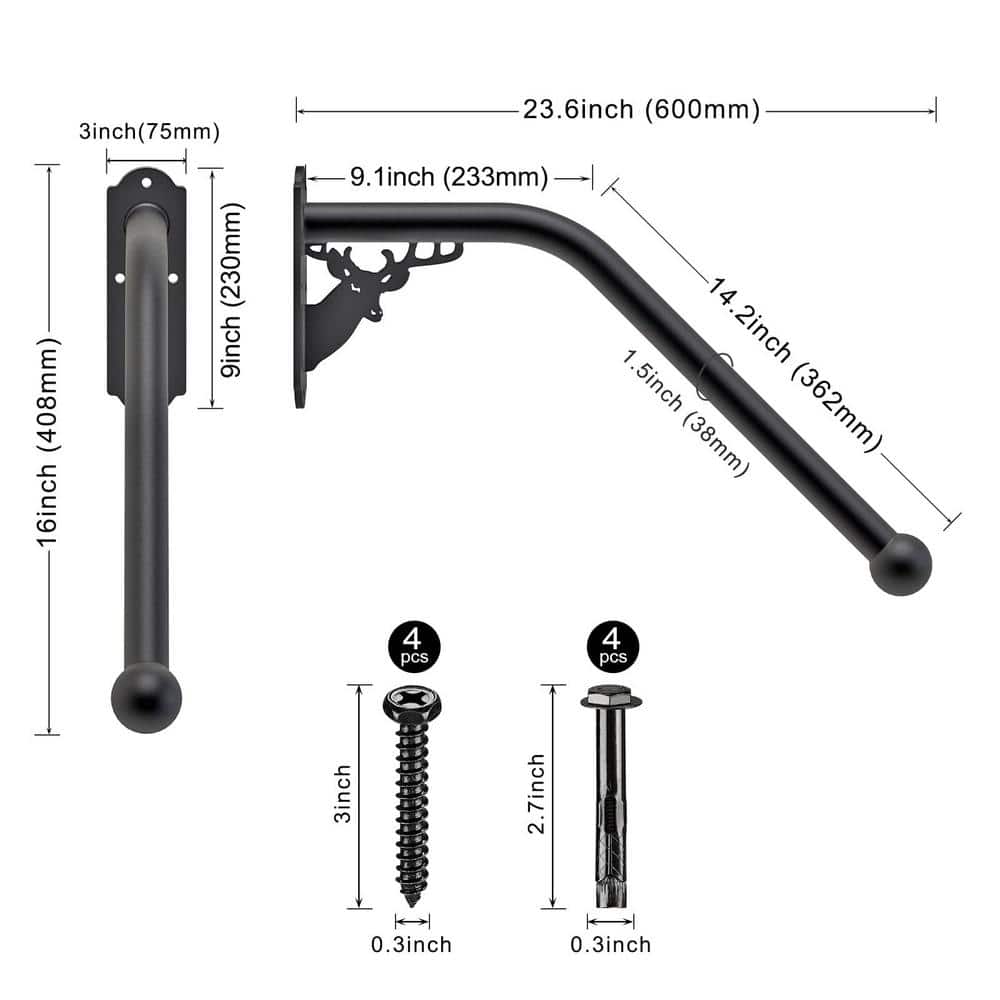 Angel Sar 2 ft. Metal Deer Shaped Fully Welded Handrail Iron Handrail for Outdoor Steps Garage Railing Safety Grab Bar