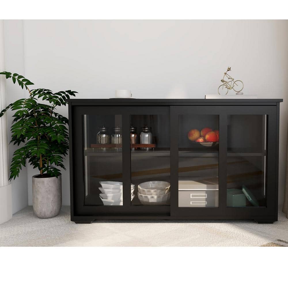 Modern 41.92 in. W x 12.99 in. D x 24.60 in. H in Black MDF Assemble Floor Diagonal Kitchen Cabinet Double Glass Doors