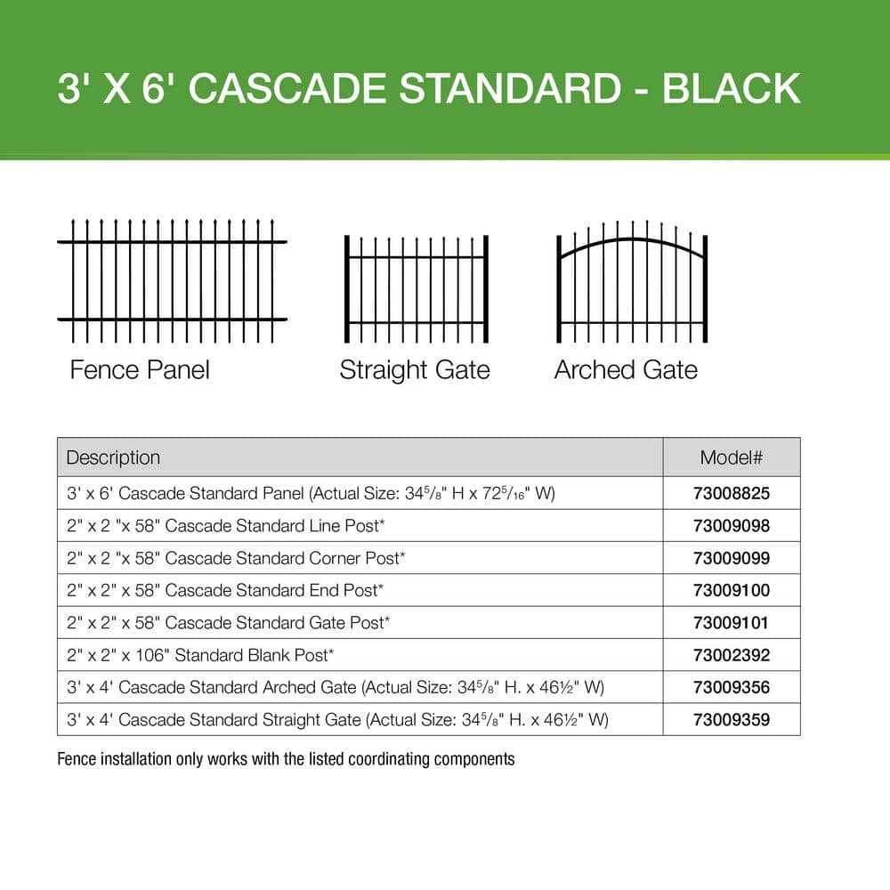 Barrette Outdoor Living Cascade Standard-Duty 3 ft. H x 6 ft. W Black Aluminum Pre-Assembled Fence Panel