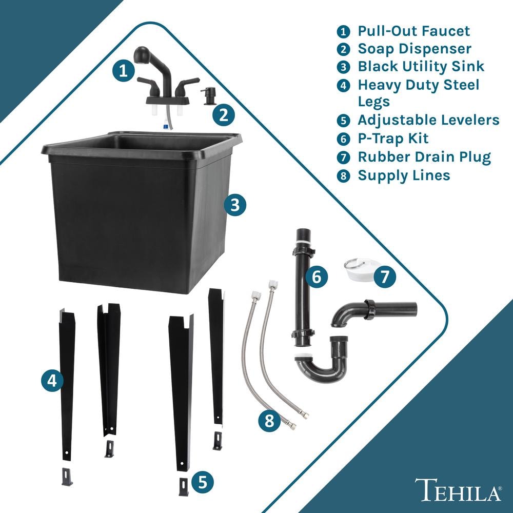 TEHILA 17.75 in. x 23.25 in. Thermoplastic Utility Sink in Black with Faucet and Soap Dispenser